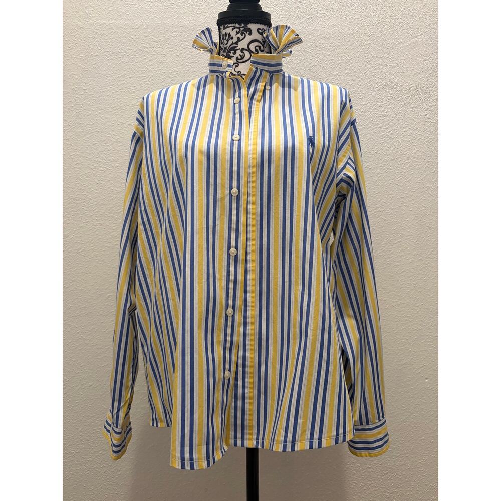 Ralph Lauren Upcycled Ruffle Collar Striped Button Down Shirt 15.5 32/33 - Picture 2 of 9